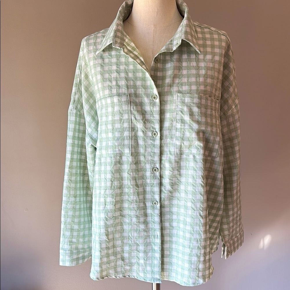 Boohoo women’s oversized loose relaxed fit Checkered Button-Up Shirt green wht 8